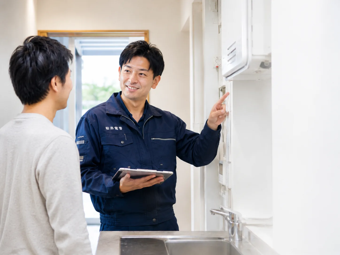 住宅の設備を確認しながらお客さまへ説明する松井電管の技術者