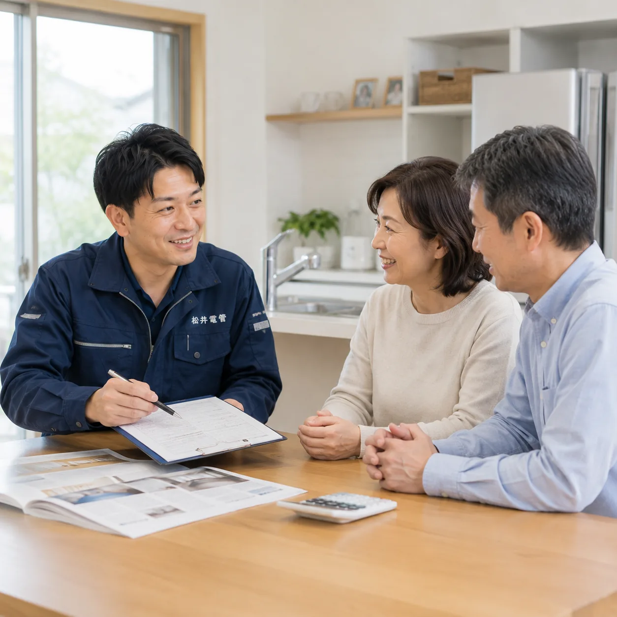 住宅でお客さまと設備の相談をする松井電管の技術者