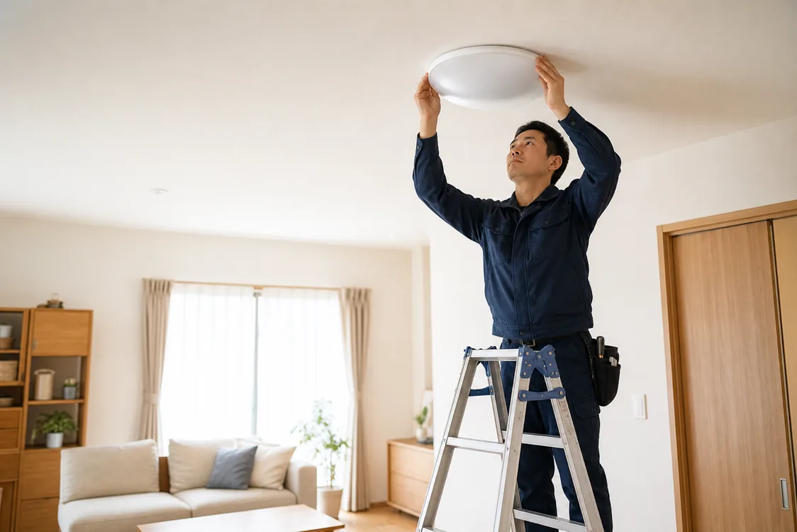 住宅のリビングで天井照明を設置する技術者