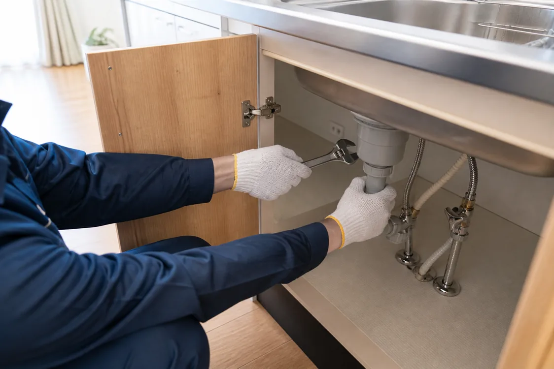 住宅のキッチンのシンク下で給排水配管を作業する手元